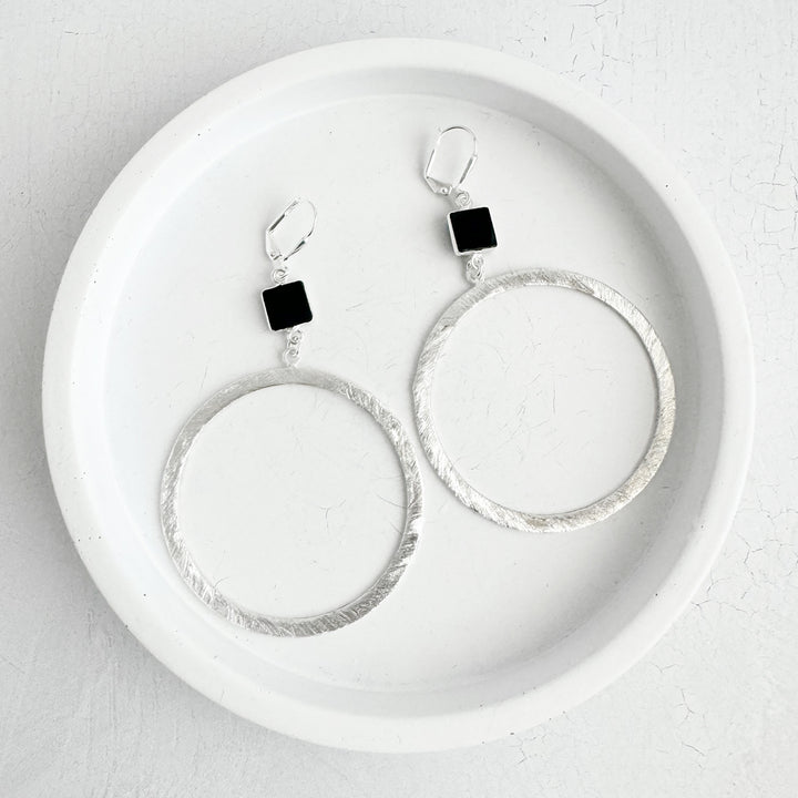 Large Black Onyx Hoop Earrings in Brushed Silver