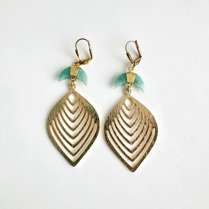 Amazonite Crescent and Leaf Dangle Earrings in Brushed Gold