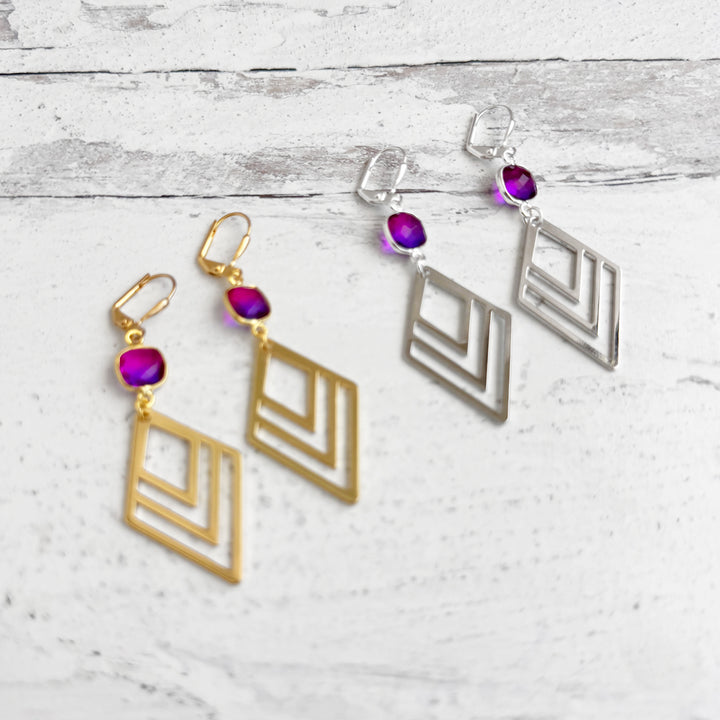 Pink Purple Aura Quartz and Layered Triangle Statement Earrings