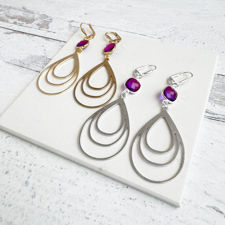 Pink Purple Aura Quartz and Multiple Teardrop Statement Earrings
