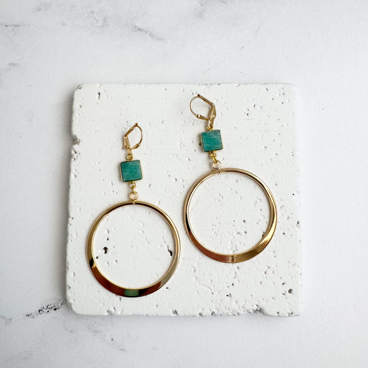 Amazonite Hoop Dangle Earrings in Gold. Statement Dangle Earrings. Gold Hoop Earrings