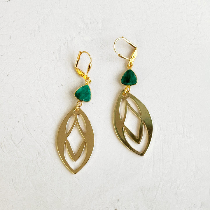 Emerald Mojave and Patterned Marquise Earrings in Brushed Brass