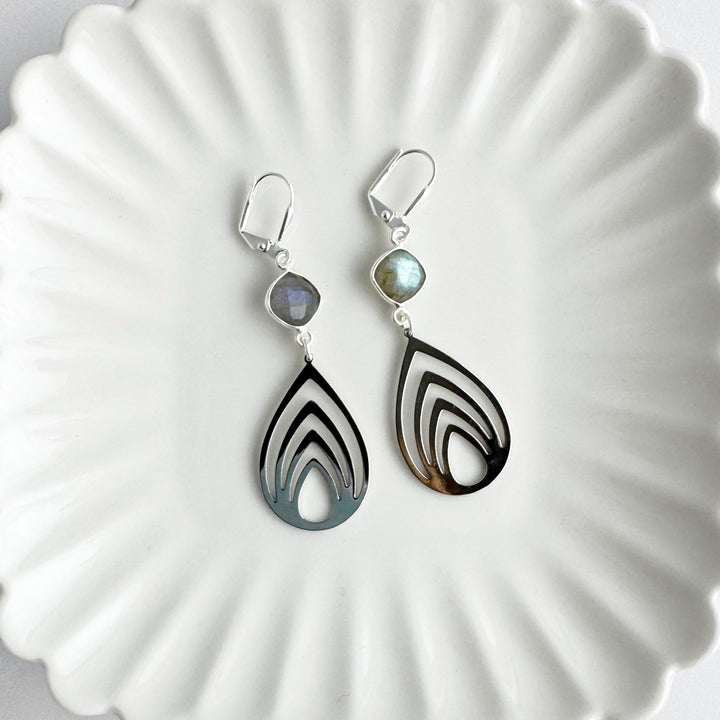 Lotus Teardrop Earrings with Labradorite Stones