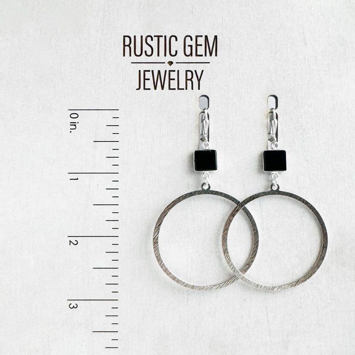 Large Black Onyx Hoop Earrings in Brushed Silver