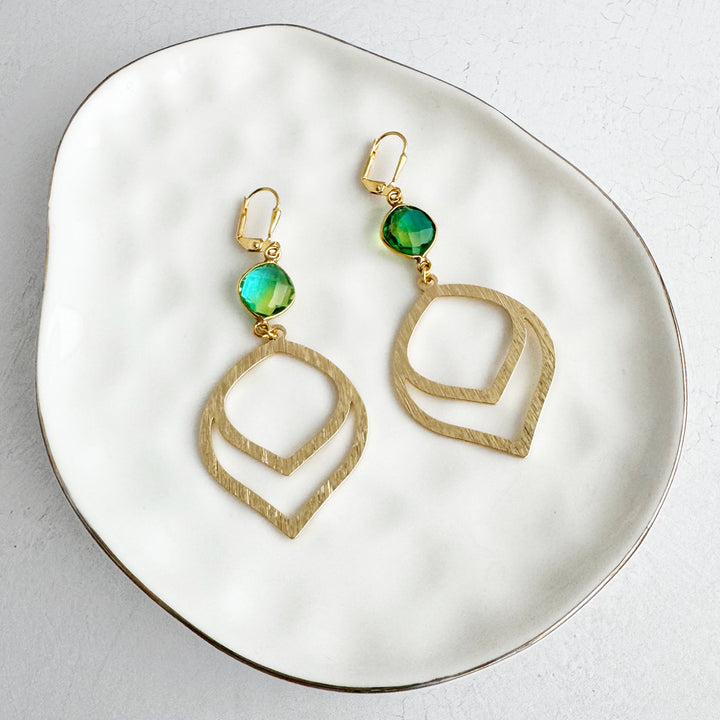 Double Teardrop Dangle Earrings with Green Aura Quartz in Brushed Gold. Statement Dangle Earrings. Gold Drop Earrings