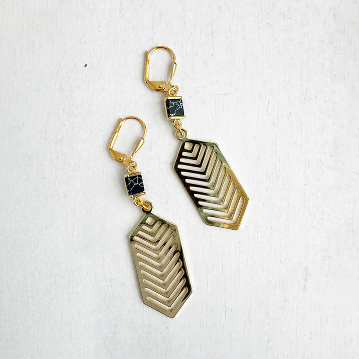 Black Howlite Chevron Dangle Earrings in Brushed Gold