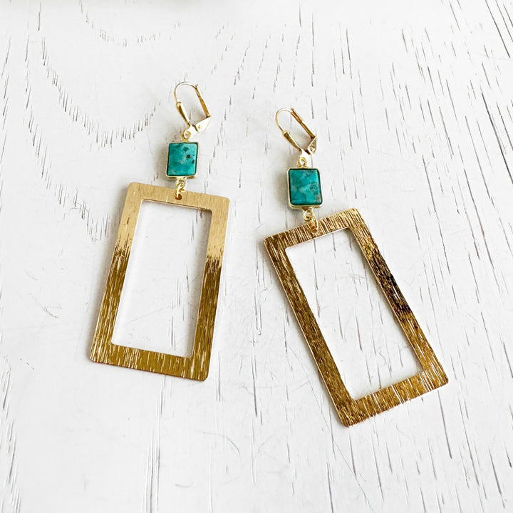 Turquoise Rectangle Statement Earrings in Brushed Gold