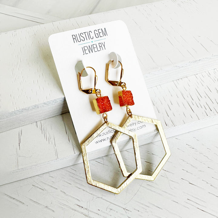 Orange Druzy Hexagon Statement Earrings in Brushed Brass Gold
