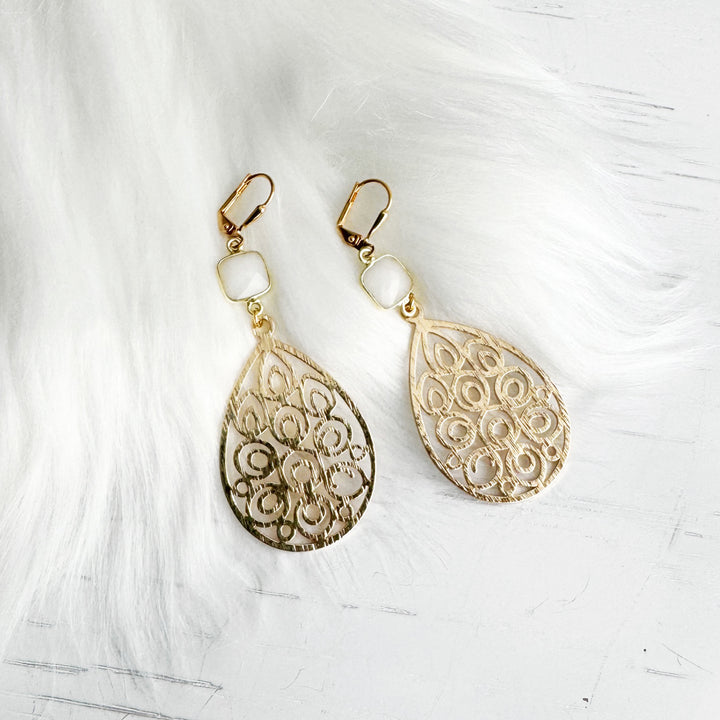 White Agate Teardrop Statement Earrings in Brushed Gol