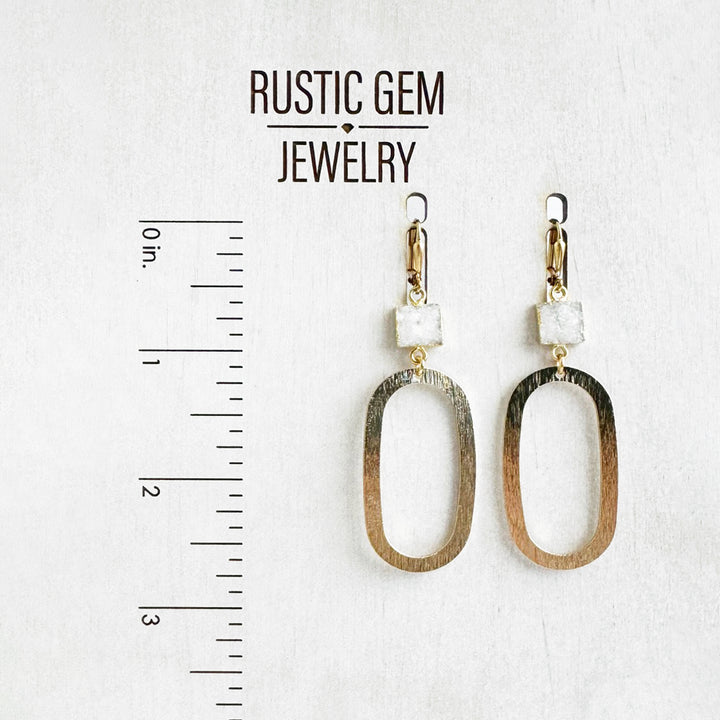 Square White Druzy Open Oval Statement Earrings in Brushed Gold
