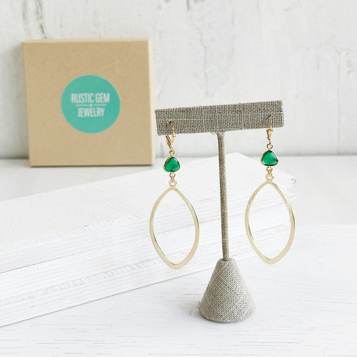 Green Quartz and Marquise Statement Earrings in Brushed Brass Gold