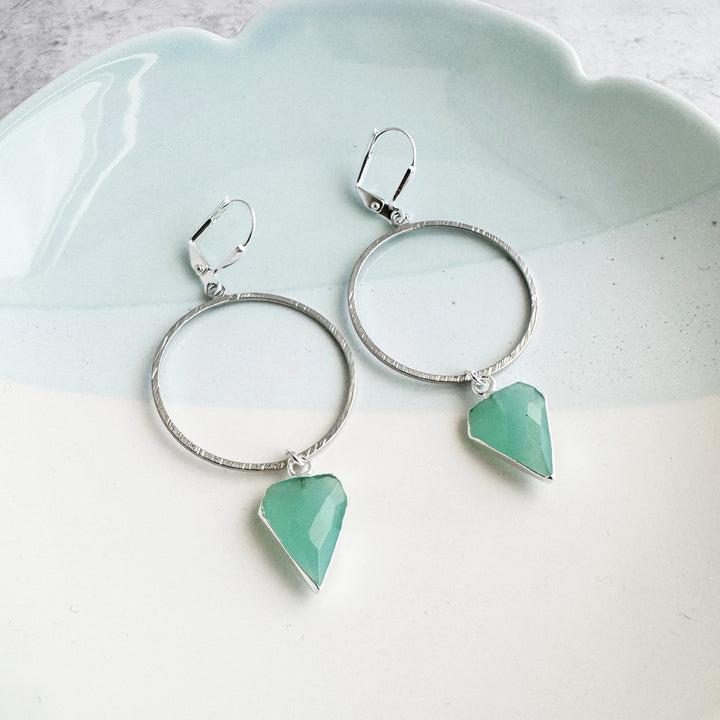 Aqua Chalcedony Shield Hoop Dangle Earrings
