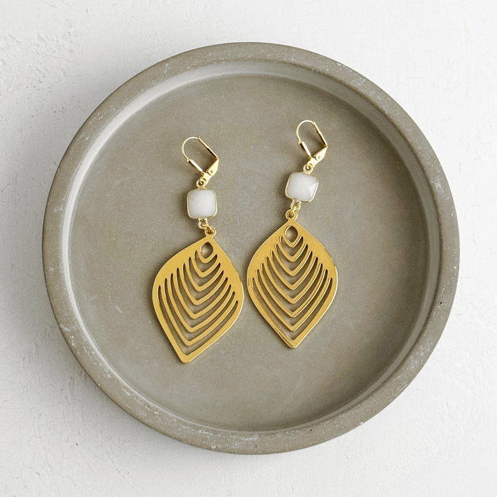 White Agate Leaf Statement Earrings in Brushed Gold