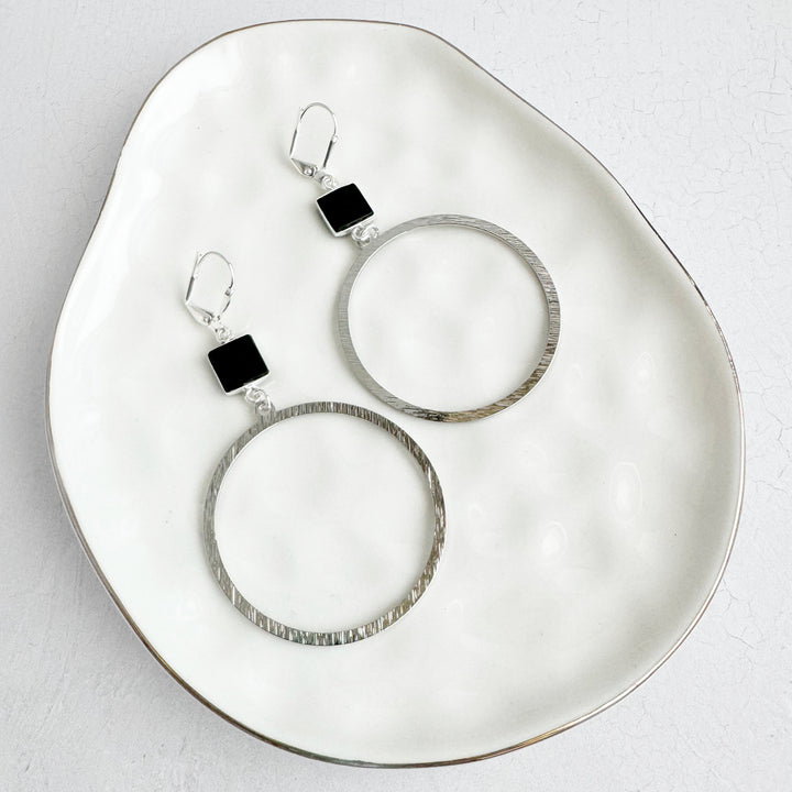 Large Black Onyx Hoop Earrings in Brushed Silver