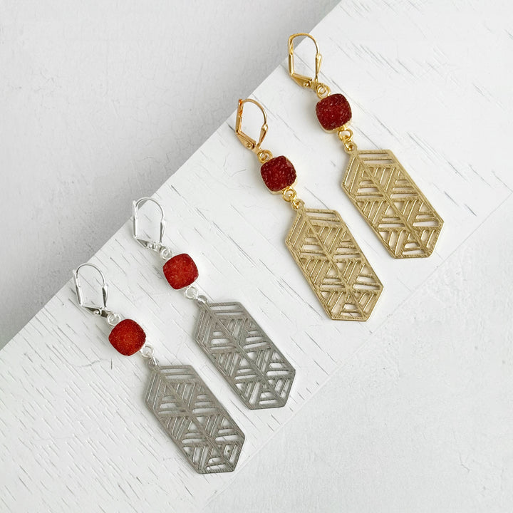 Elongated Hexagon and Orange Druzy Earrings in Brushed Gold or Silver
