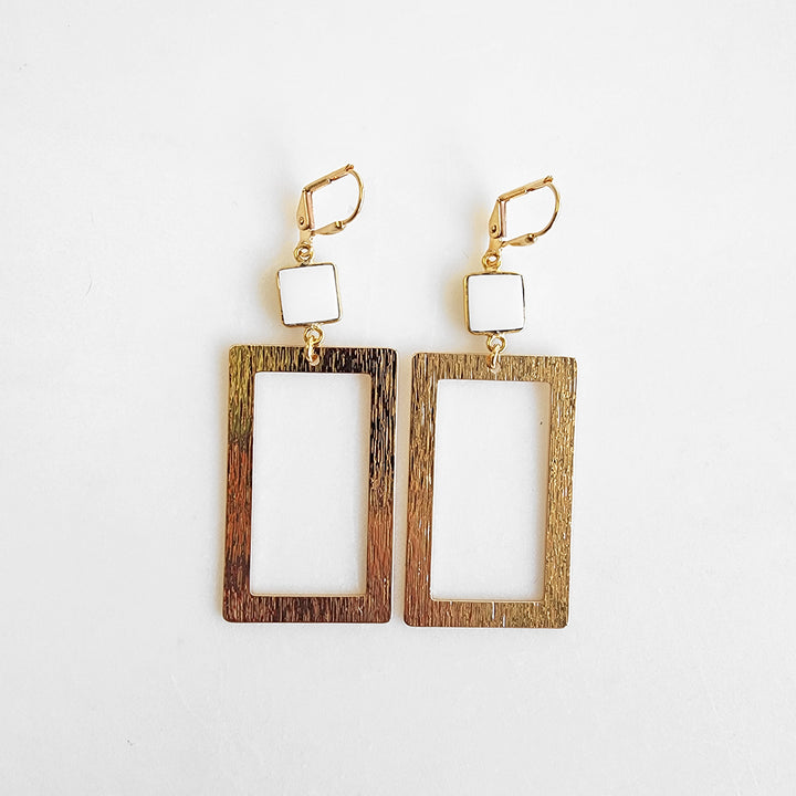 White Agate Rectangle Statement Earrings in Brushed Gold