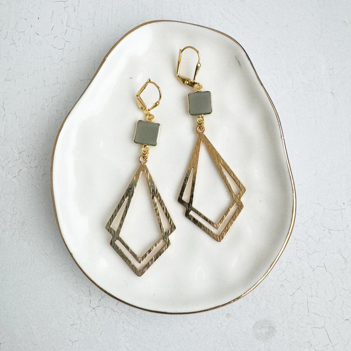 White Quartz and Double Kite Statement Earrings in Brushed Gold