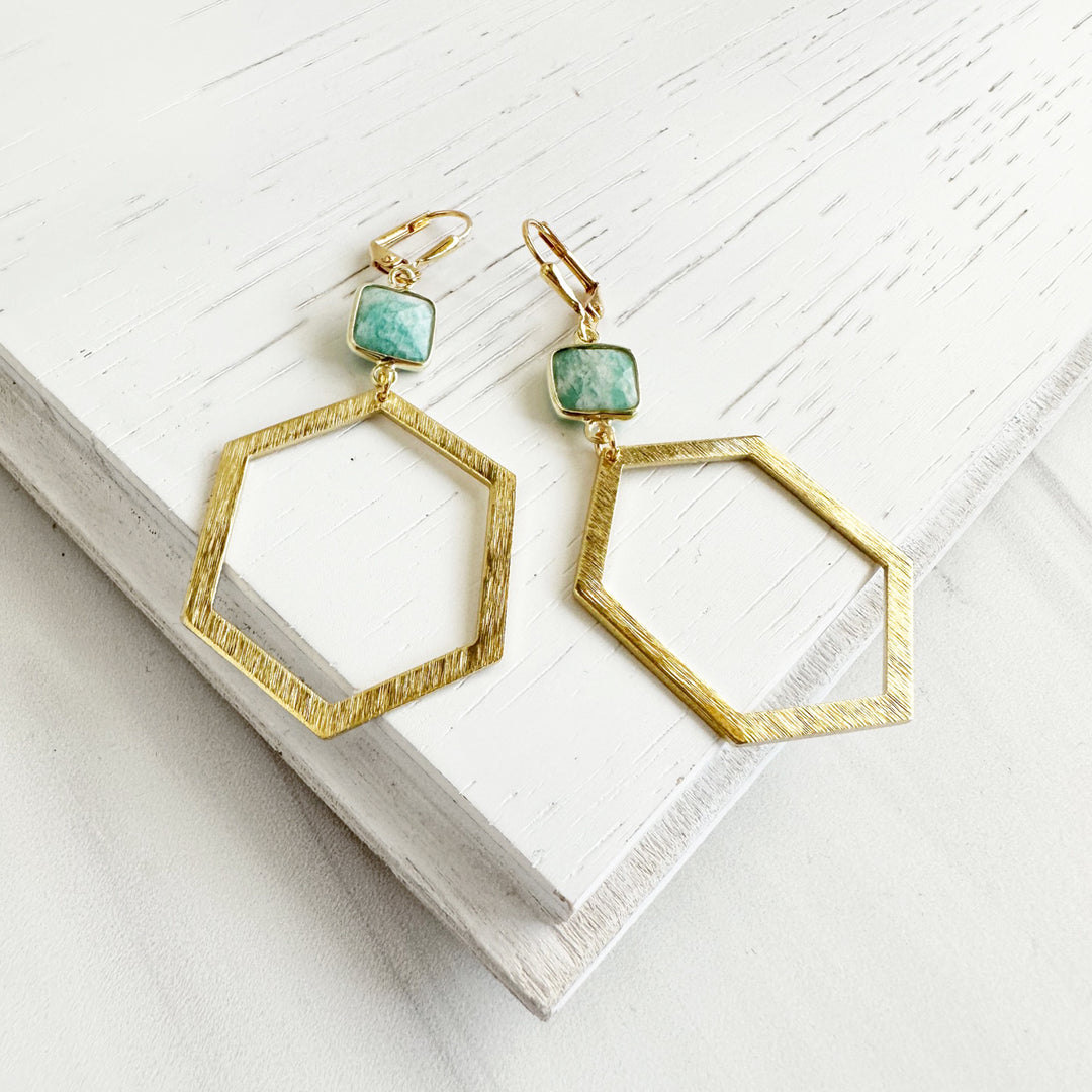 Amazonite Stone Hexagon Statement Earrings in Brushed Gold