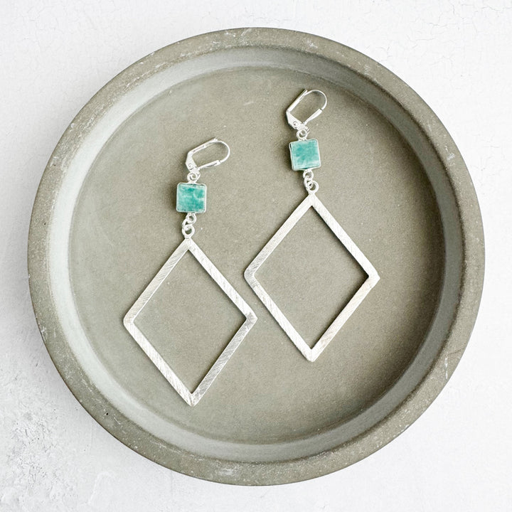 Amazonite Diamond Pendant Earrings in Brushed Silver