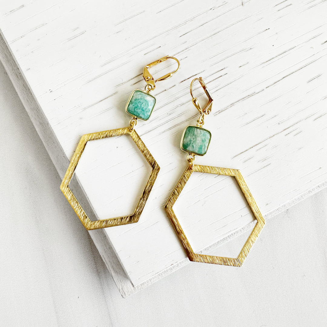 Amazonite Stone Hexagon Statement Earrings in Brushed Gold