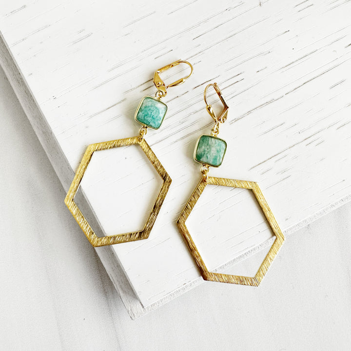 Amazonite Stone Hexagon Statement Earrings in Brushed Gold