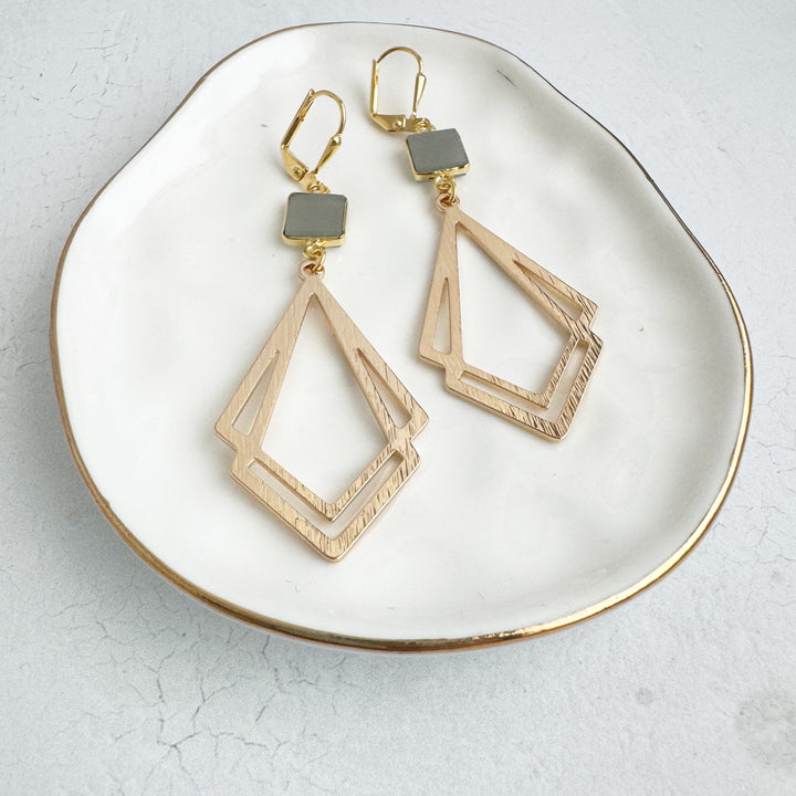 White Quartz and Double Kite Statement Earrings in Brushed Gold