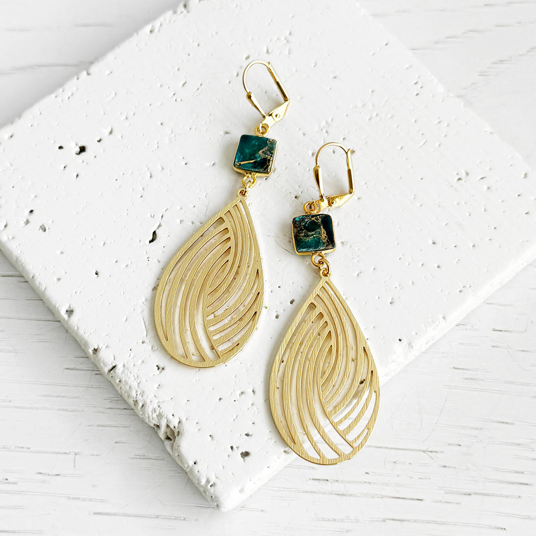 Swirl Teardrop and Teal Mojave Statement Earrings in Brushed Gold