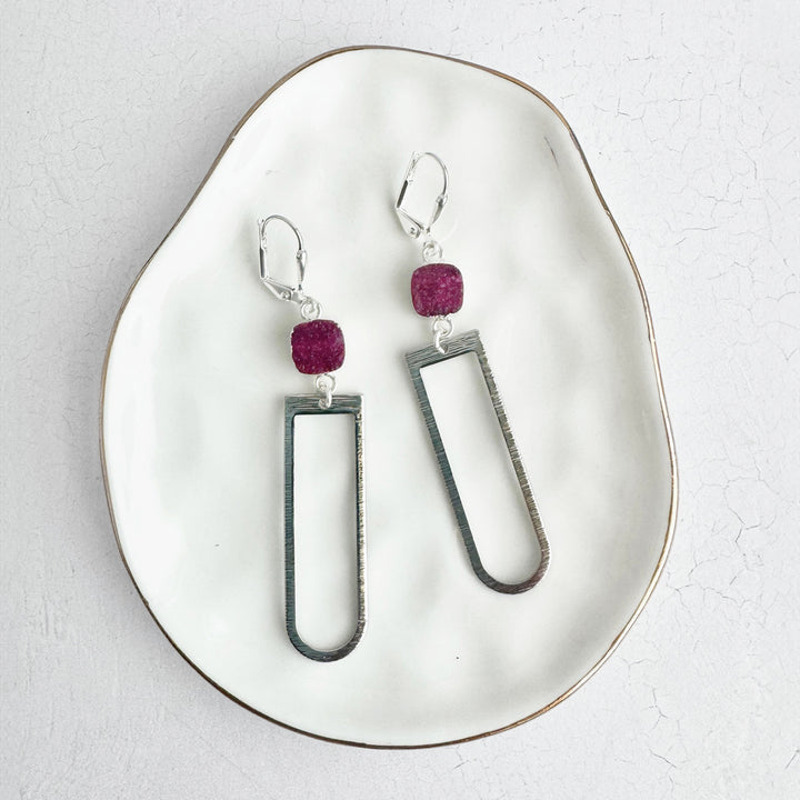 Fuchsia Druzy Horseshoe Earrings in Brushed Silver