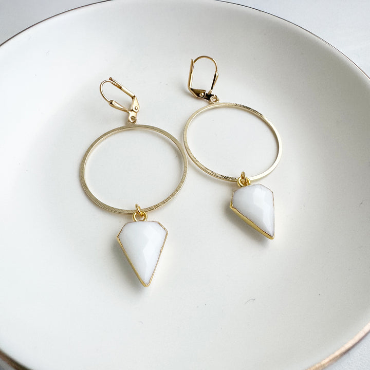 White Agate Shield Hoop Dangle Earrings