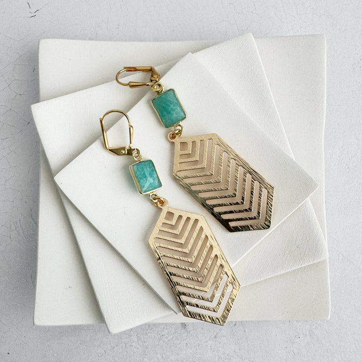 Amazonite Chevron Dangle Earrings in Brass Gold