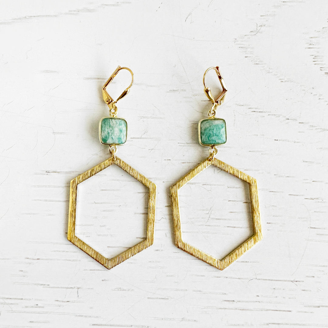 Amazonite Stone Hexagon Statement Earrings in Brushed Gold