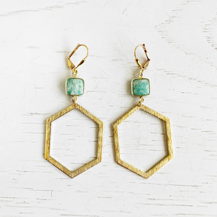 Amazonite Stone Hexagon Statement Earrings in Brushed Gold
