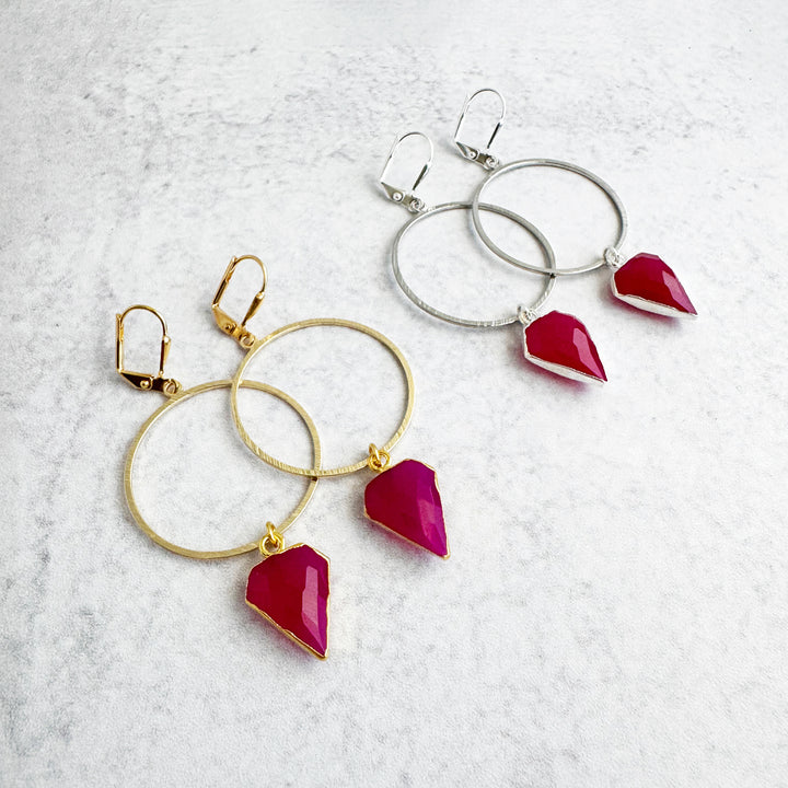 Fuchsia Chalcedony Shield Hoop Dangle Earrings
