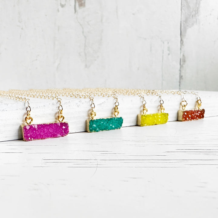 Colorful Small Druzy Bar Necklace in Pink Orange Yellow Green