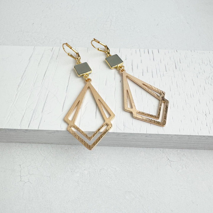 White Quartz and Double Kite Statement Earrings in Brushed Gold