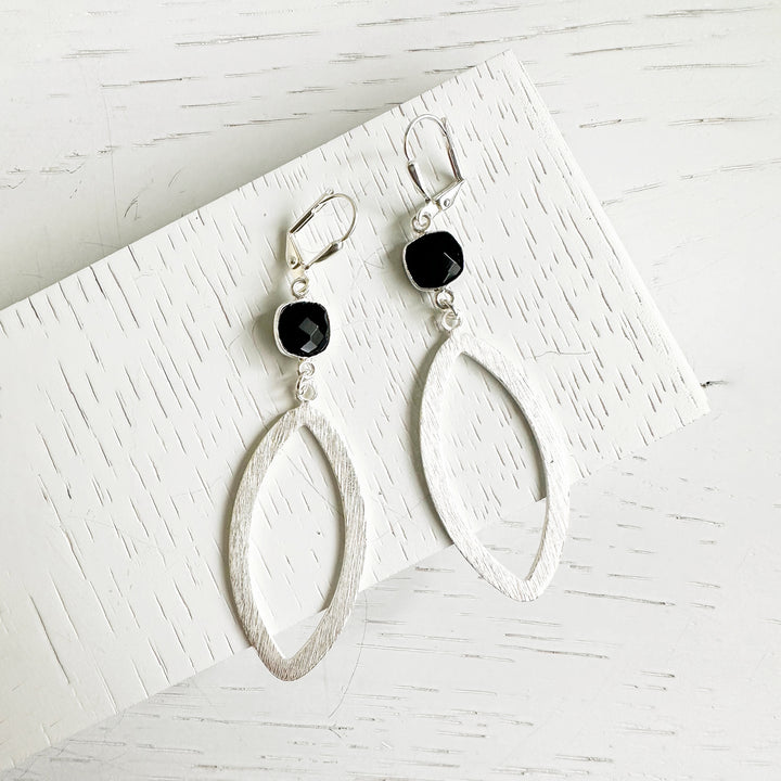 Black Stones Statement Earrings in Brushed Silver