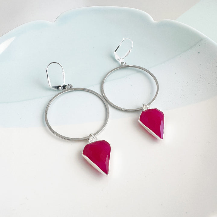 Fuchsia Chalcedony Shield Hoop Dangle Earrings