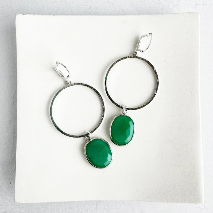 Green Onyx Hoop Dangle Earrings in Brushed Silver