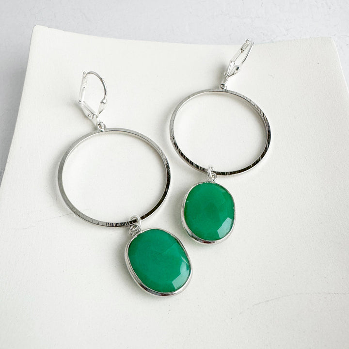 Green Onyx Hoop Dangle Earrings in Brushed Silver