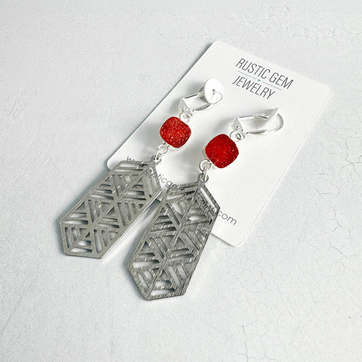 Elongated Hexagon and Orange Druzy Earrings in Brushed Gold or Silver