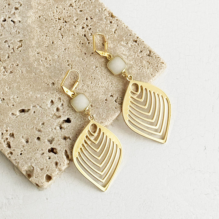 White Agate Leaf Statement Earrings in Brushed Gold