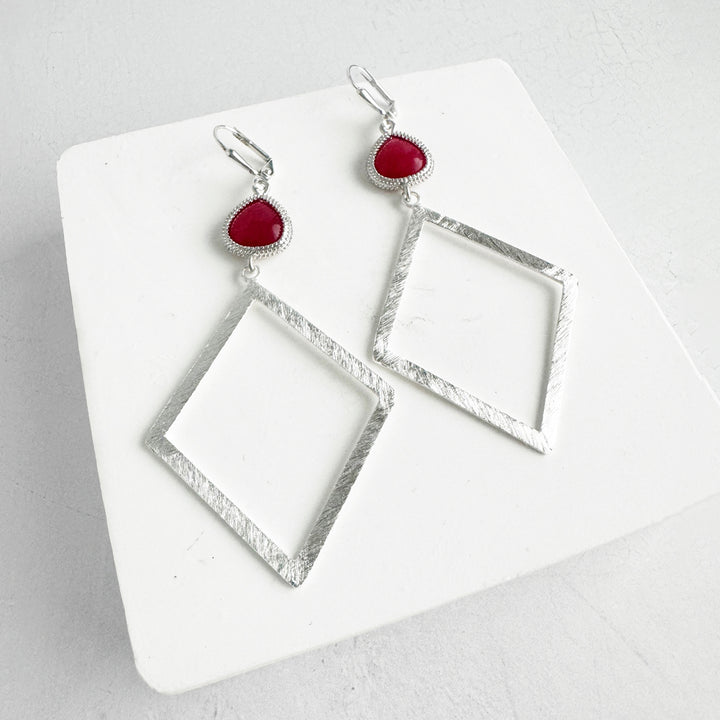 Fuchsia Stone Diamond Earrings in Brushed Silver