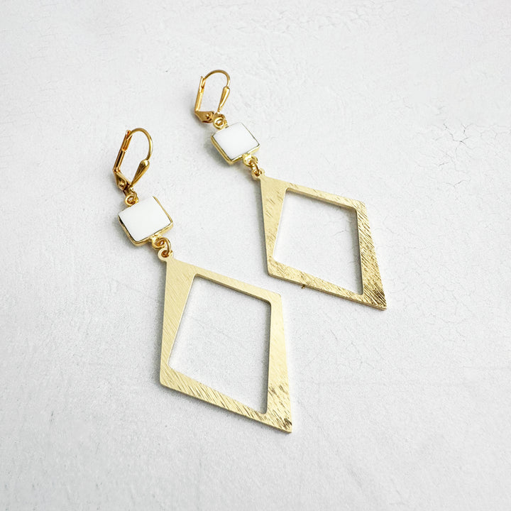 White Stone Diamond Pendant Earrings in Brushed Gold