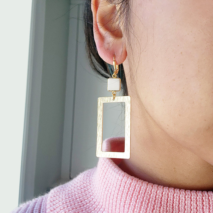 White Agate Rectangle Statement Earrings in Brushed Gold