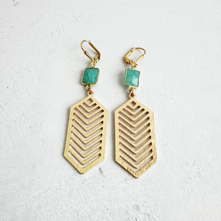 Amazonite Chevron Dangle Earrings in Brass Gold