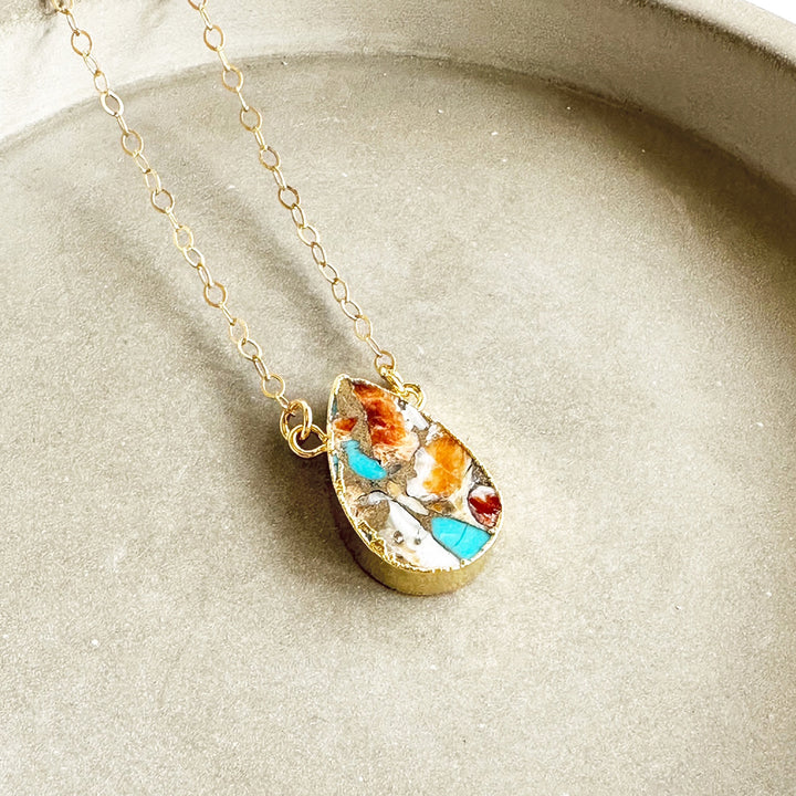 Oyster Turquoise Mojave Teardrop Gemstone Necklace with 14k Gold Filled Chain