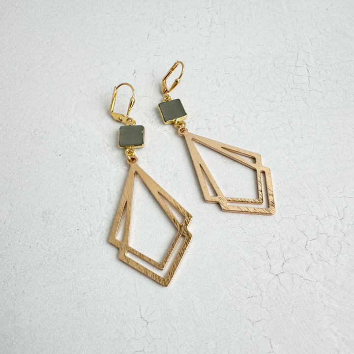 White Quartz and Double Kite Statement Earrings in Brushed Gold