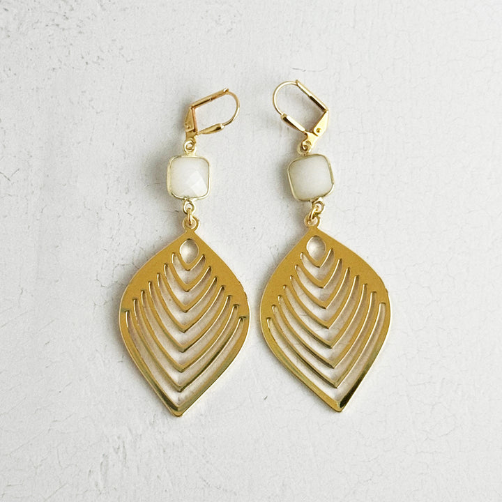 White Agate Leaf Statement Earrings in Brushed Gold
