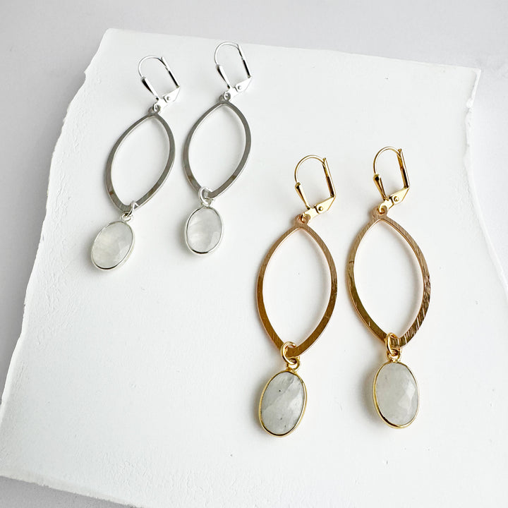 Moonstone Bezel and Brushed Marquise Drop Earrings