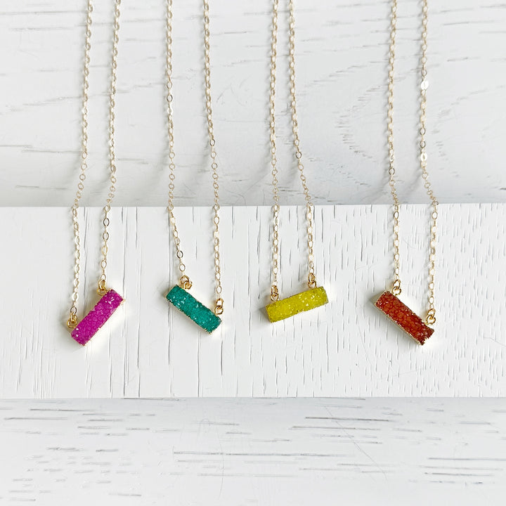 Colorful Small Druzy Bar Necklace in Pink Orange Yellow Green